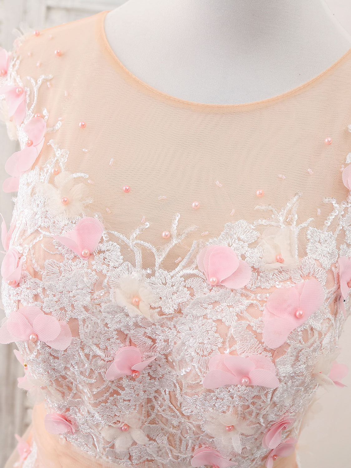 Champagne Tulle Lace Long Prom Dress, Champagne Evening Dress