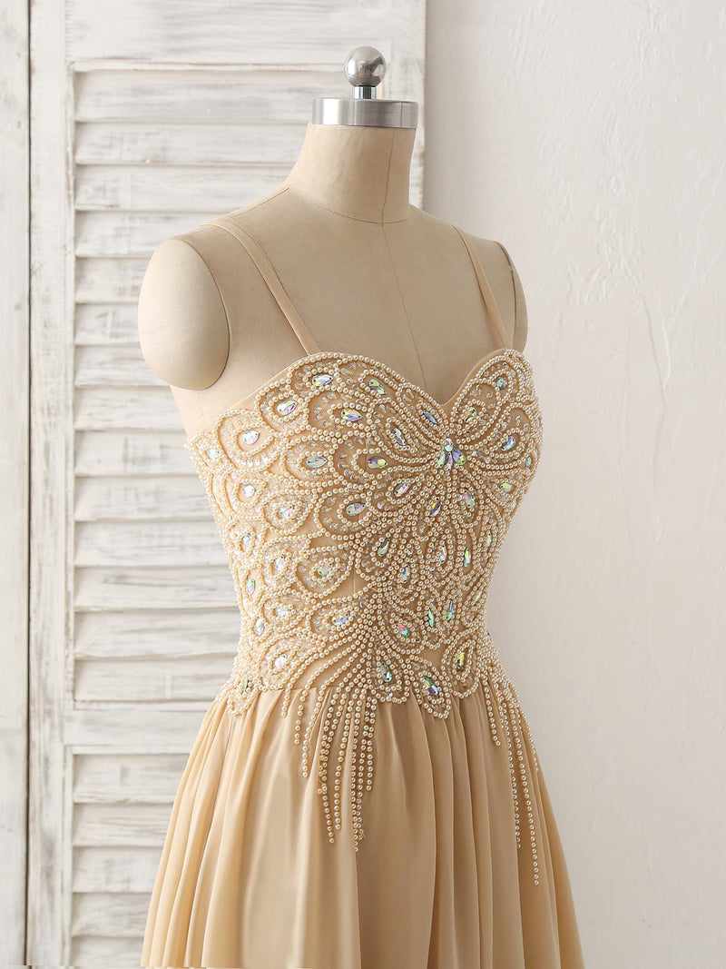 Champagne Sweetheart Neck Beads Long Prom Dress Evening Dress