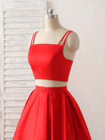 Red Two Pieces Satin Long Prom Dress Simple Red Evening Dress