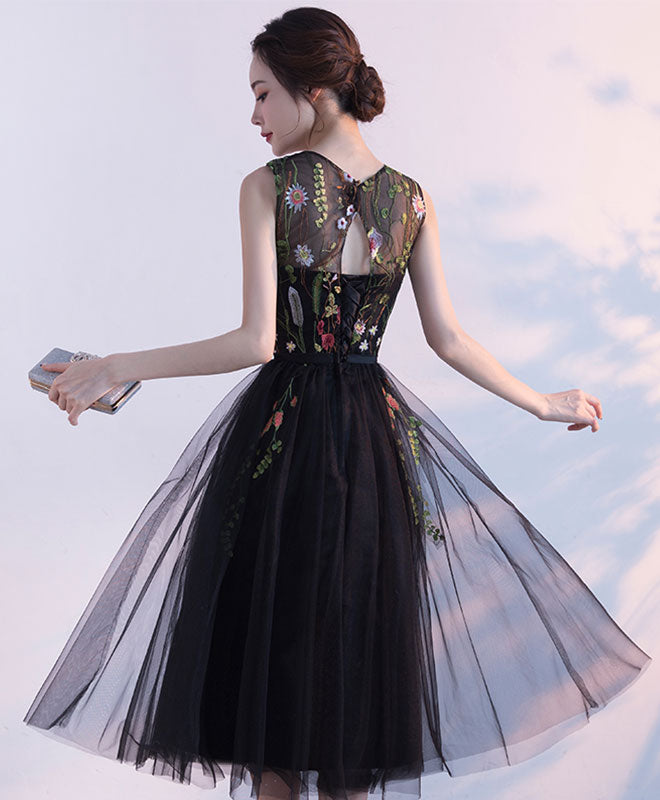 Black Round Neck Lace Tulle Short Prom Dress, Black Evening Dress