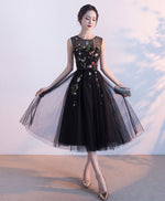 Black Round Neck Lace Tulle Short Prom Dress, Black Evening Dress