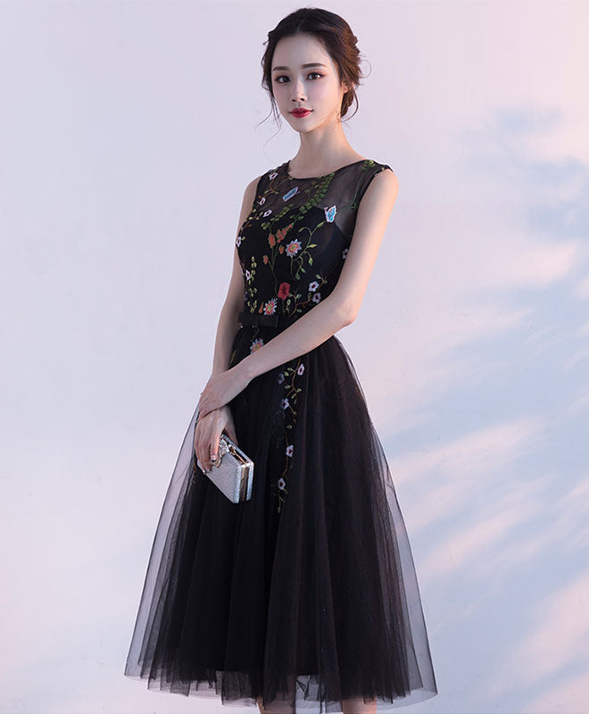 Black Round Neck Lace Tulle Short Prom Dress, Black Evening Dress