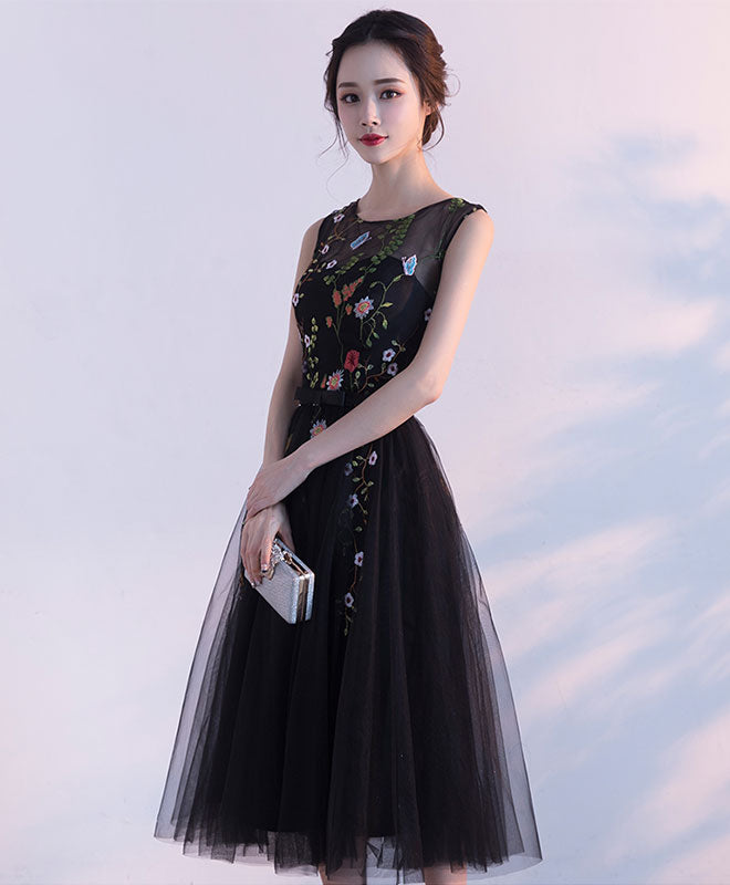 Black Round Neck Lace Tulle Short Prom Dress, Black Evening Dress – shopluu