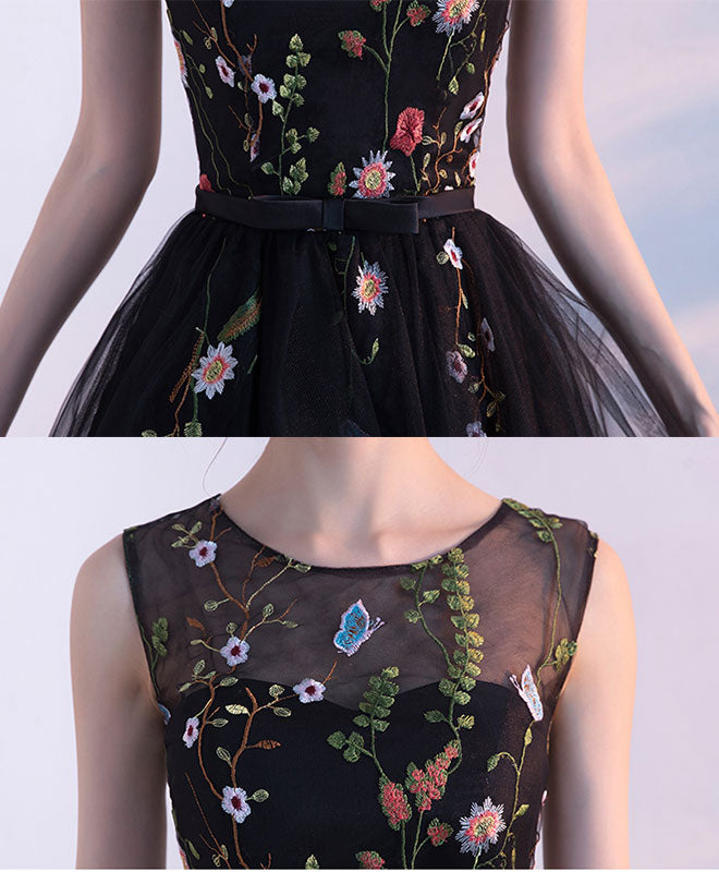 Black Round Neck Lace Tulle Short Prom Dress, Black Evening Dress