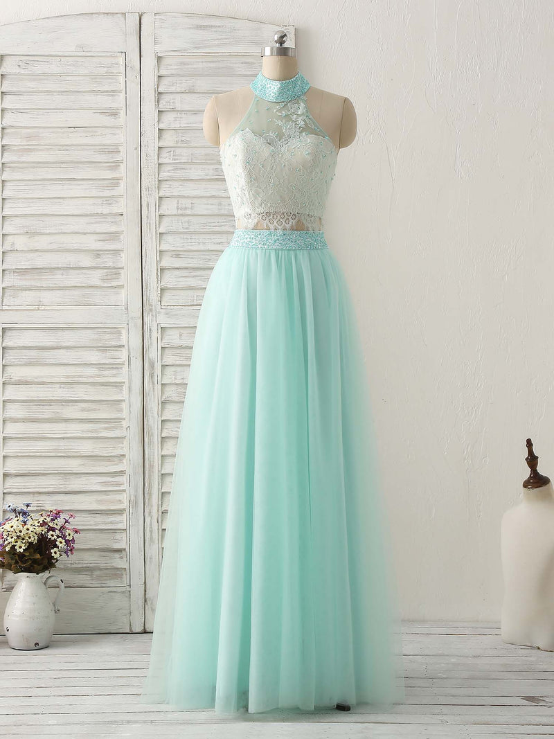 Green Tulle Two Pieces Long Prom Dress Lace Beads Formal Dress