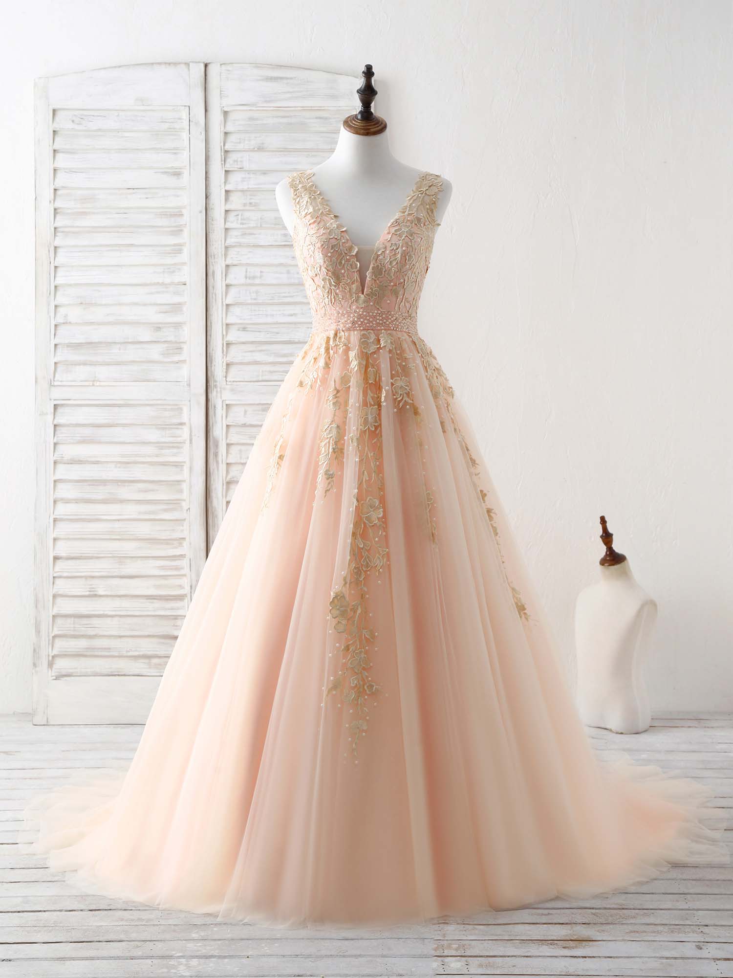 A-Line V Neck Tulle Lace Applique Long Prom Dress, Evening Dress US 16 / Custom Color A-Line V Neck Tulle Lace Applique Long Prom Dress, Evening Dress US 16 / Custom Color