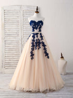 Elegant Sweetheart Tulle Lace Applique Blue Long Prom Dresses