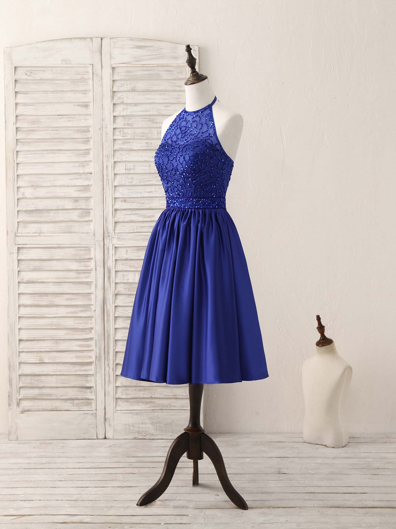 Royal Blue Satin Beads Short Prom Dress Blue Homecoming Dress Custom Size / Custom Color Royal Blue Satin Beads Short Prom Dress Blue Homecoming Dress Custom Size / Custom Color