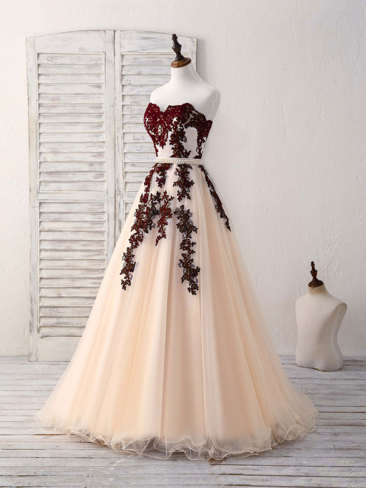 Burgundy Sweetheart Tulle Long Prom Dress, Burgundy Evening Dress