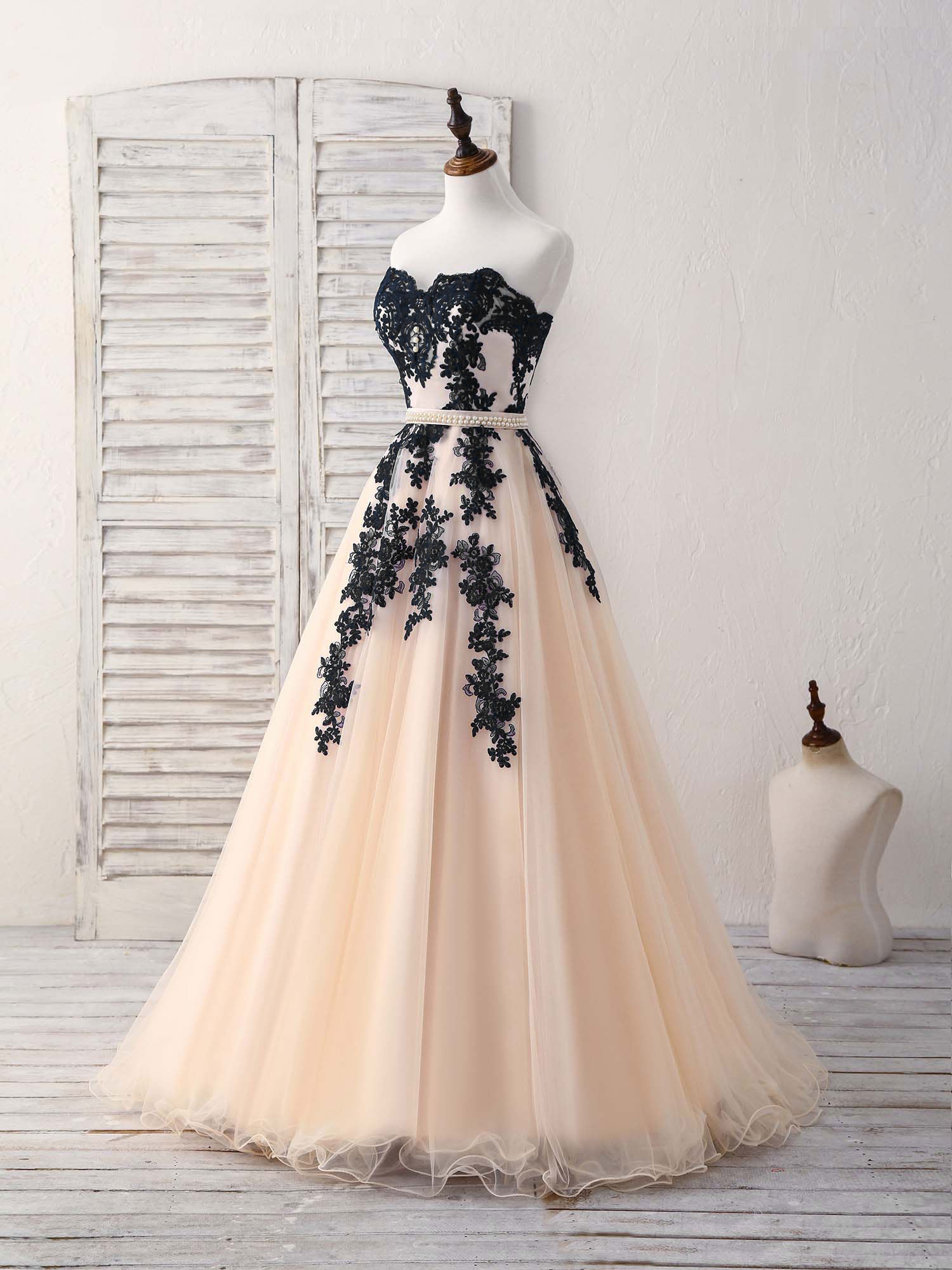 Black Tulle Lace Applique Long Prom Dress, Black Evening Dress US 2 / Custom Color Black Tulle Lace Applique Long Prom Dress, Black Evening Dress US 2 / Custom Color