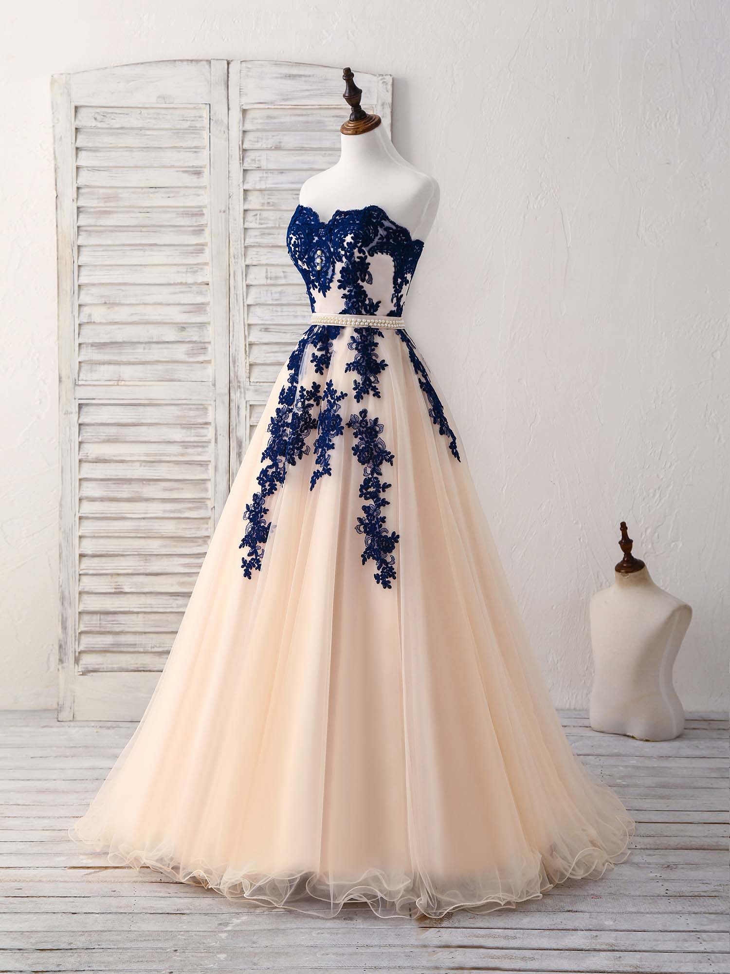 Elegant Sweetheart Tulle Lace Applique Blue Long Prom Dresses shopluu Elegant Sweetheart Tulle Lace Applique Blue Long Prom Dresses shopluu