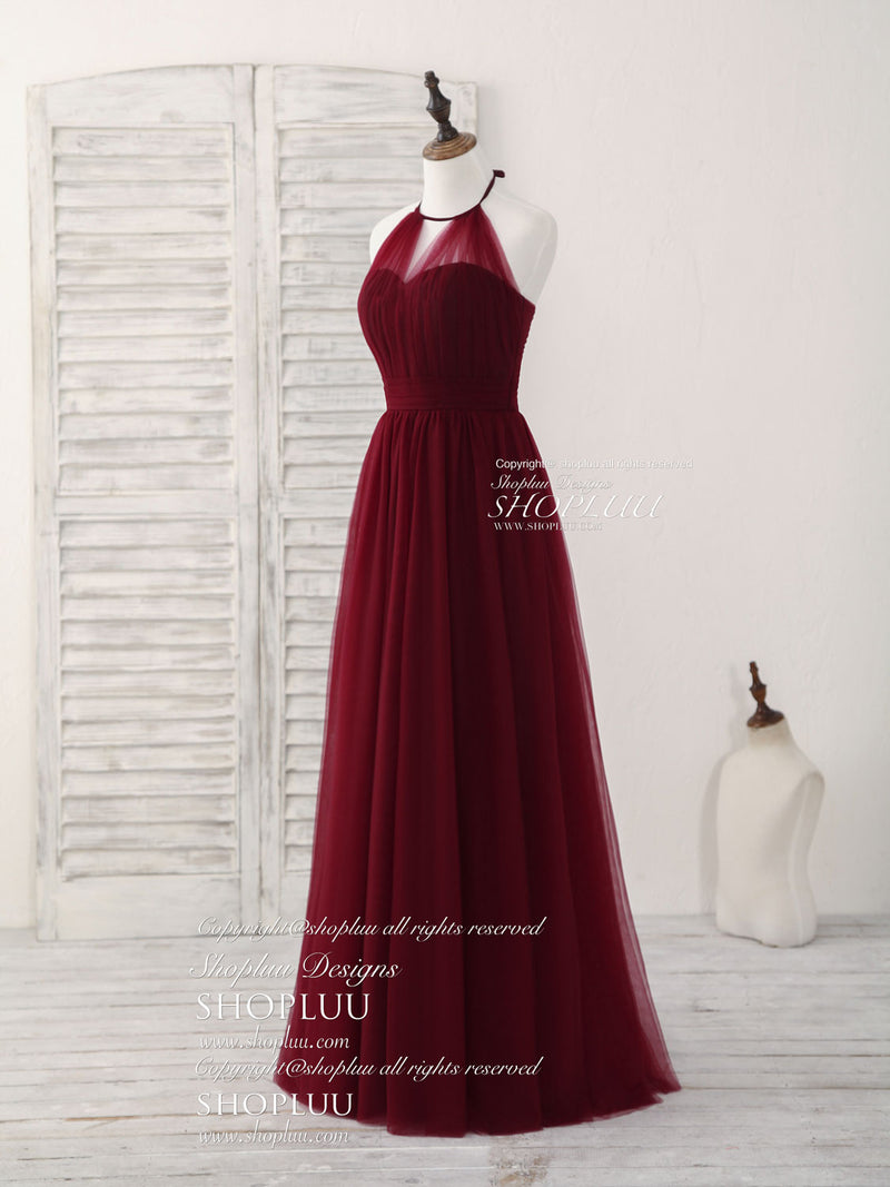 Simple Burgundy Tulle Long Prom Dress, Burgundy Bridesmaid Dress