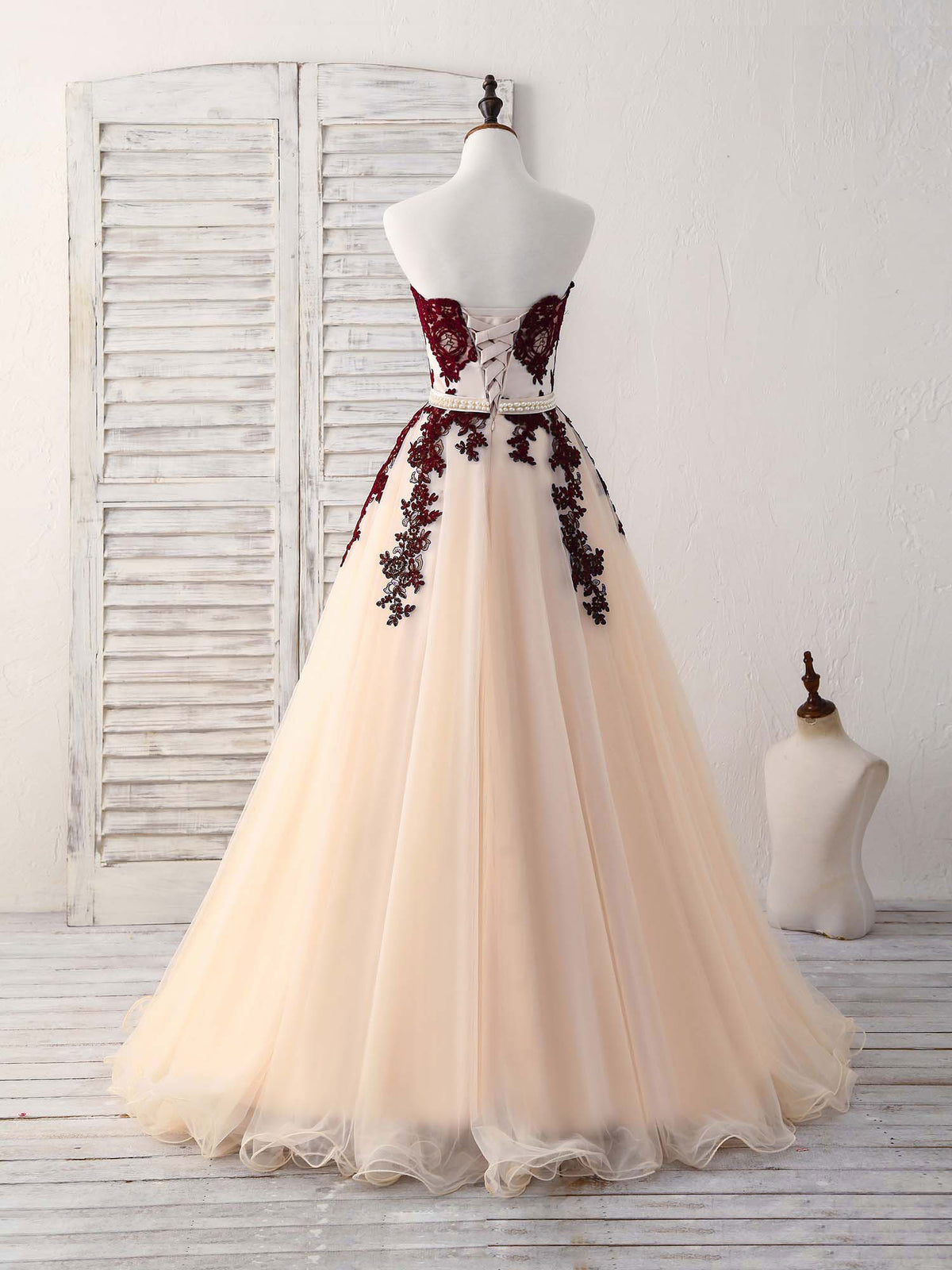 Burgundy Sweetheart Tulle Long Prom Dress, Burgundy Evening Dress