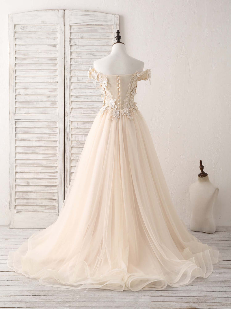 Unique  Lace Applique Tulle Long Champagne Prom Dresses Sweet 16 Dress