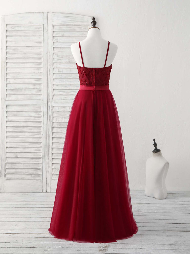 Burgundy Tulle Lace Long Prom Dress, Burgundy Bridesmaid Dress
