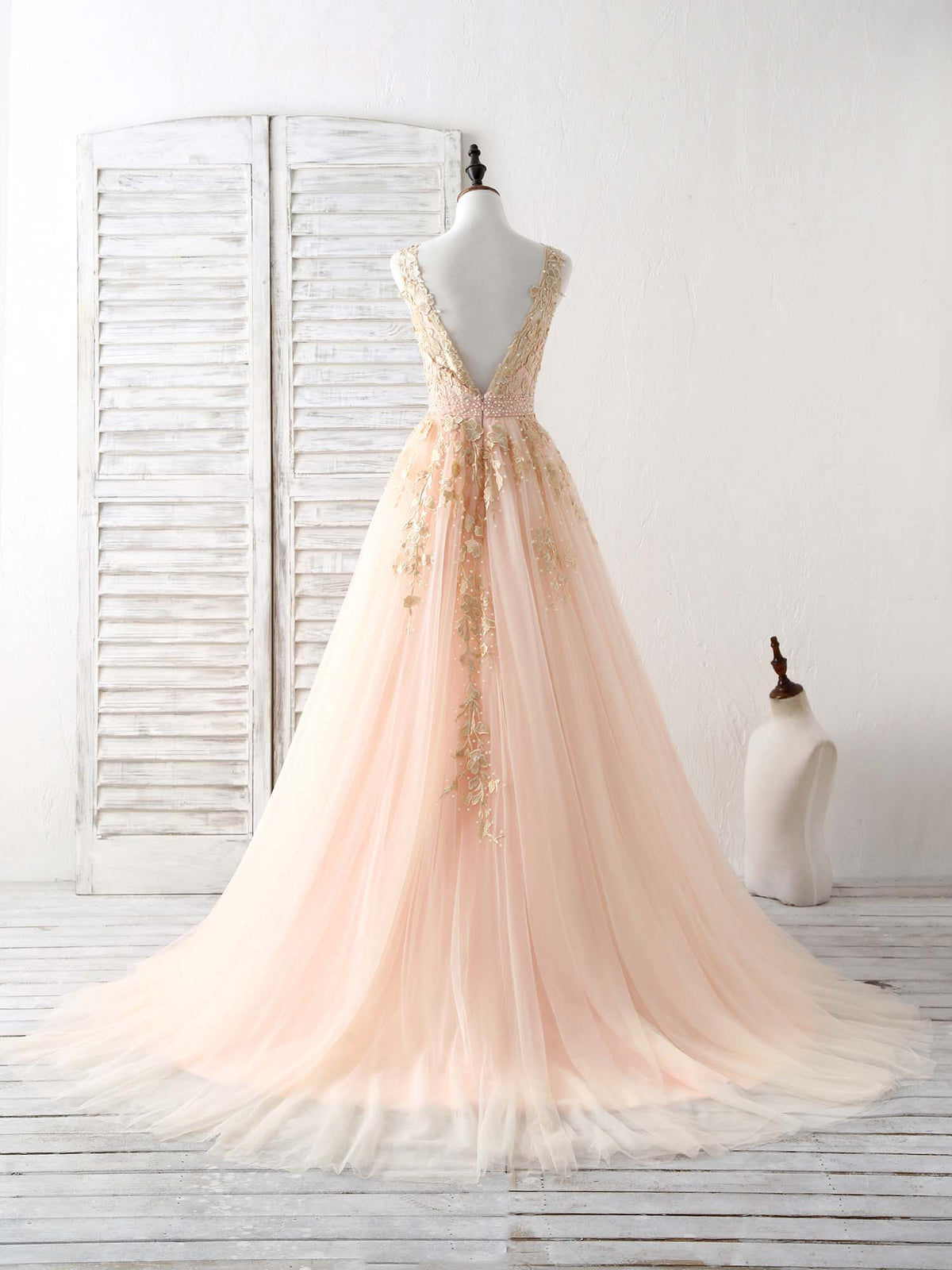 A-Line V Neck Tulle Lace Applique Long Prom Dress, Evening Dress