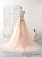 Unique V Neck Tulle Lace Applique Long Prom Dress, Evening Dress