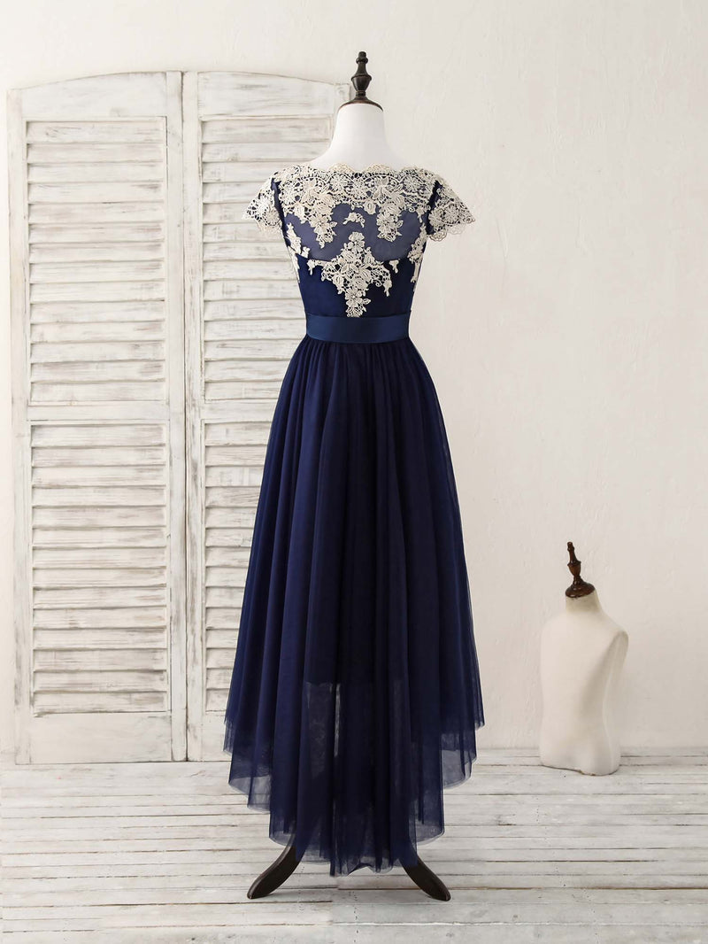 Dark Blue Tulle Lace Applique High Low Prom Dresses
