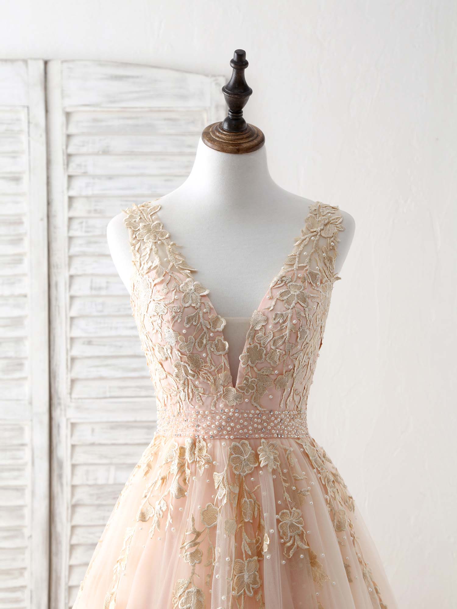 Champagne V Neck Tulle Lace Applique Long Prom Dress, Evening Dress –  shopluu