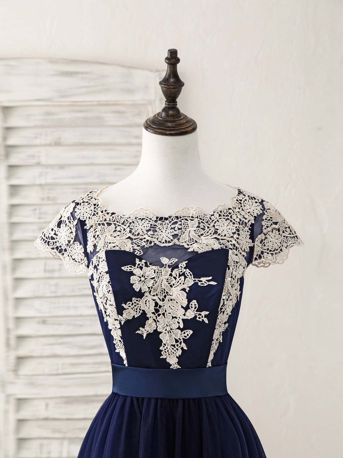 Dark Blue Tulle Lace Applique High Low Prom Dresses