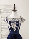 Dark Blue Tulle Lace Applique High Low Prom Dresses