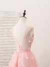 Pink Tulle Lace Tea Length Prom Dress, Pink Homecoming Dress