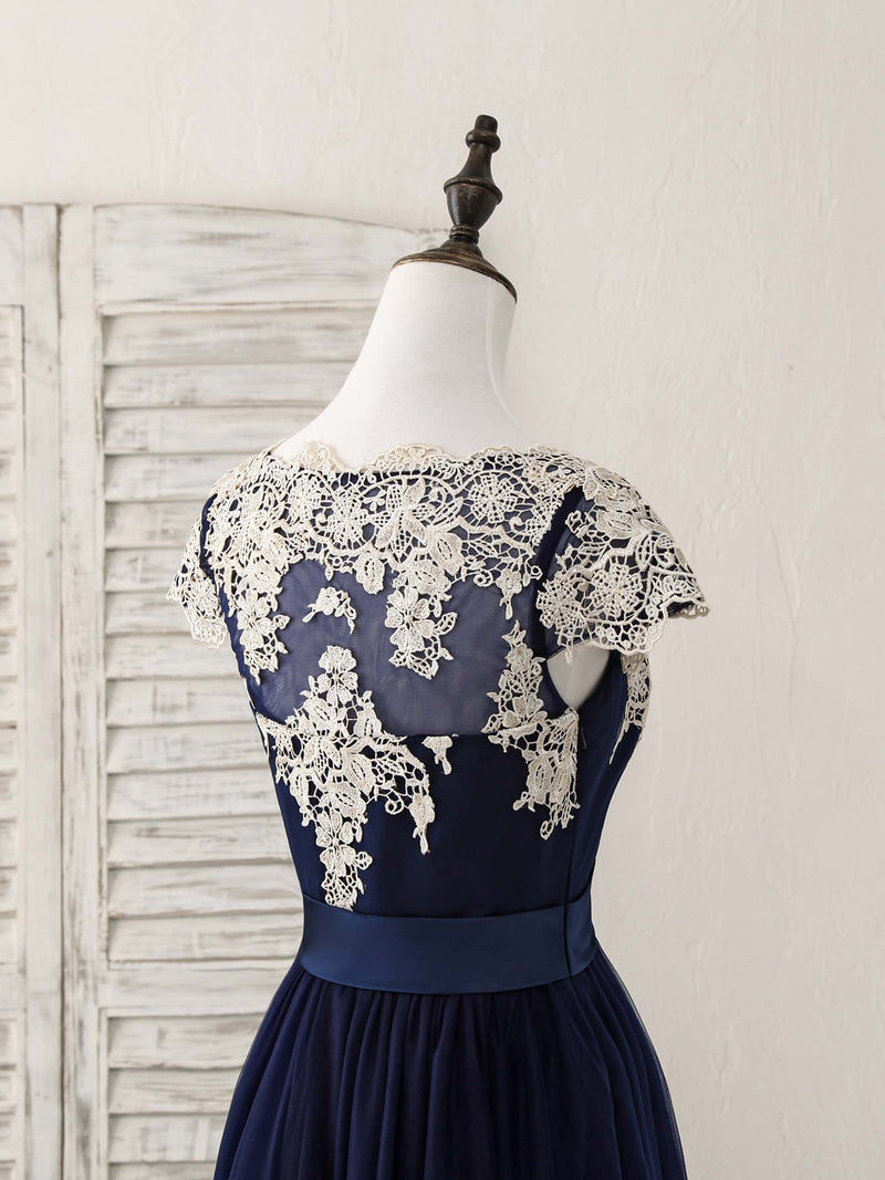 Dark Blue Tulle Lace Applique High Low Prom Dresses shopluu Dark Blue Tulle Lace Applique High Low Prom Dresses shopluu