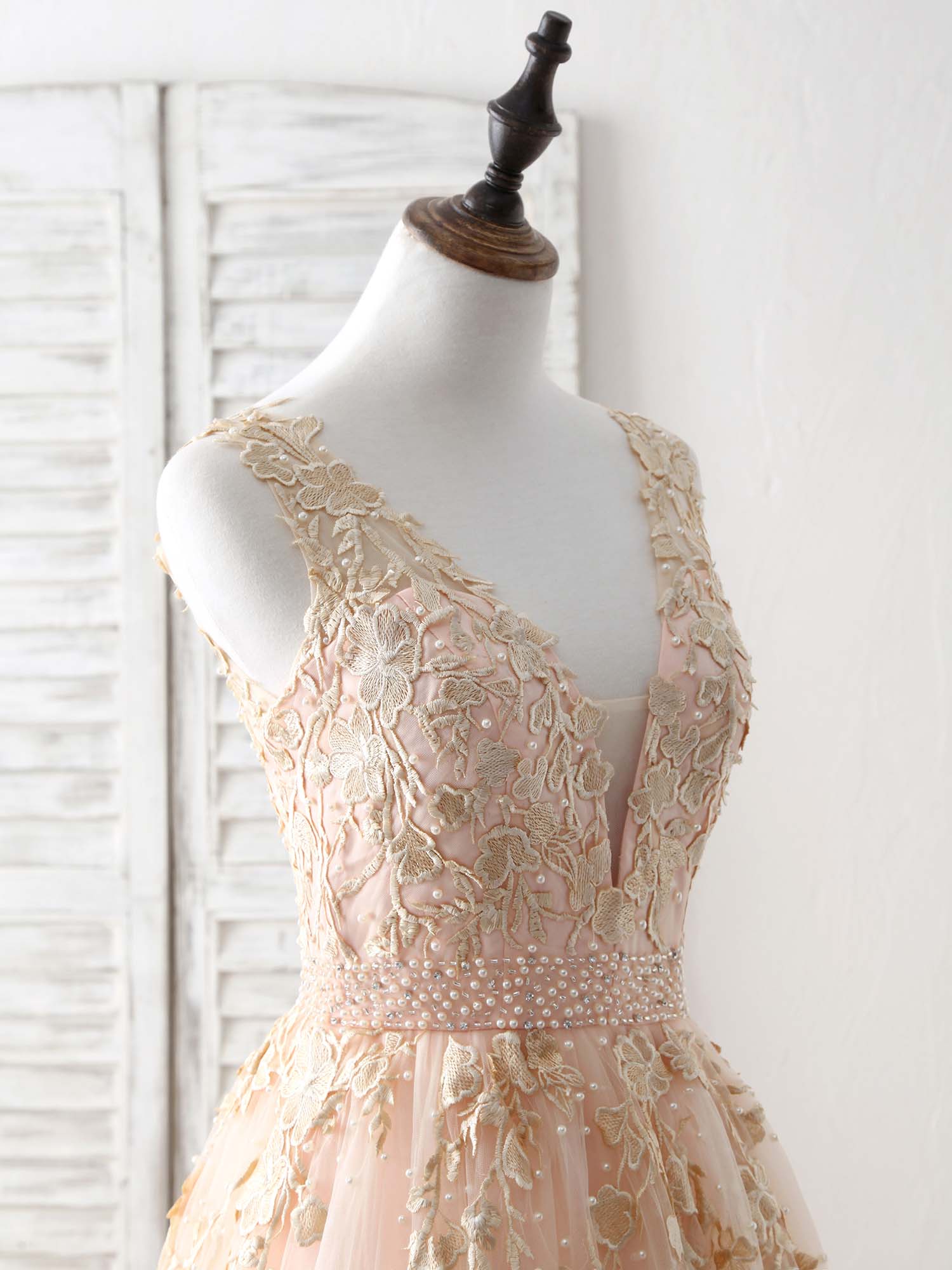 a-line v-neck champagne tulle prom dress with beading appliques Champagne V-Neck Tulle Long Prom Dress with Beaded, Beautiful A-Line F