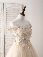 Unique  Lace Applique Tulle Long Champagne Prom Dresses Sweet 16 Dress
