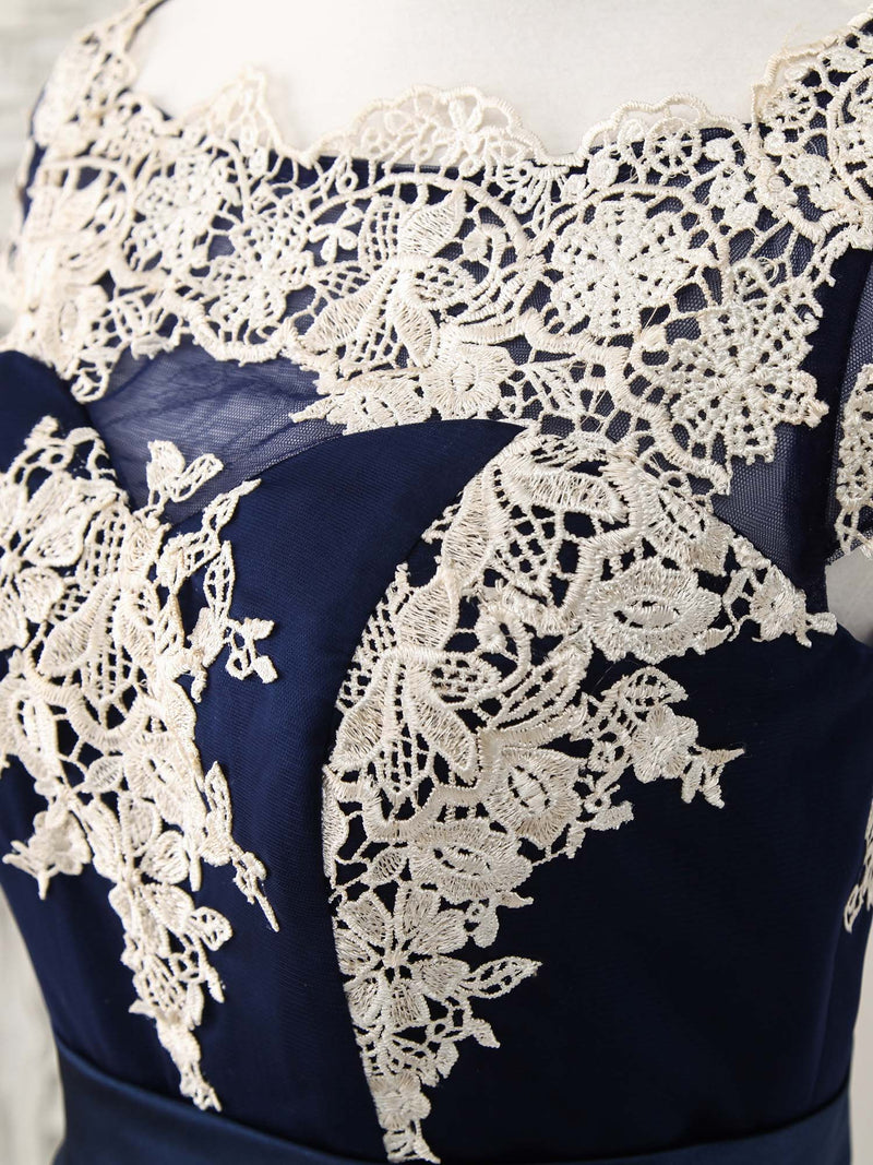Dark Blue Tulle Lace Applique High Low Prom Dresses shopluu Dark Blue Tulle Lace Applique High Low Prom Dresses shopluu