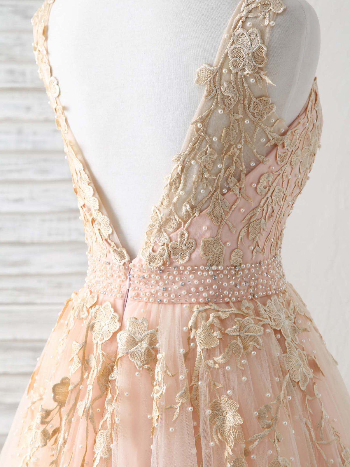 A-Line V Neck Tulle Lace Applique Long Prom Dress, Evening Dress