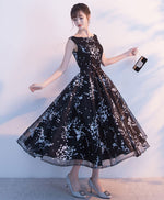 Simple Black Tulle Tea Length Prom Dress, Black Evening Dress