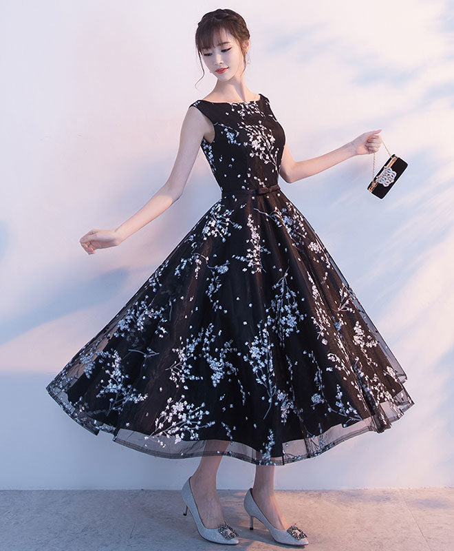 Simple Black Tulle Tea Length Prom Dress, Black Evening Dress – shopluu