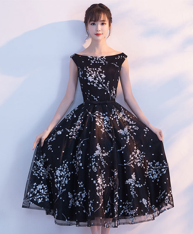 Simple Black Tulle Tea Length Prom Dress, Black Evening Dress US 2 / Black