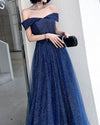 Dark Blue Tulle Long Prom Dress, A-Line Tulle Off Shoulder Blue Wedding Party Dresses