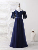 Dark Blue A-Line Lace Tulle Long Prom Dress Blue Evening Dress