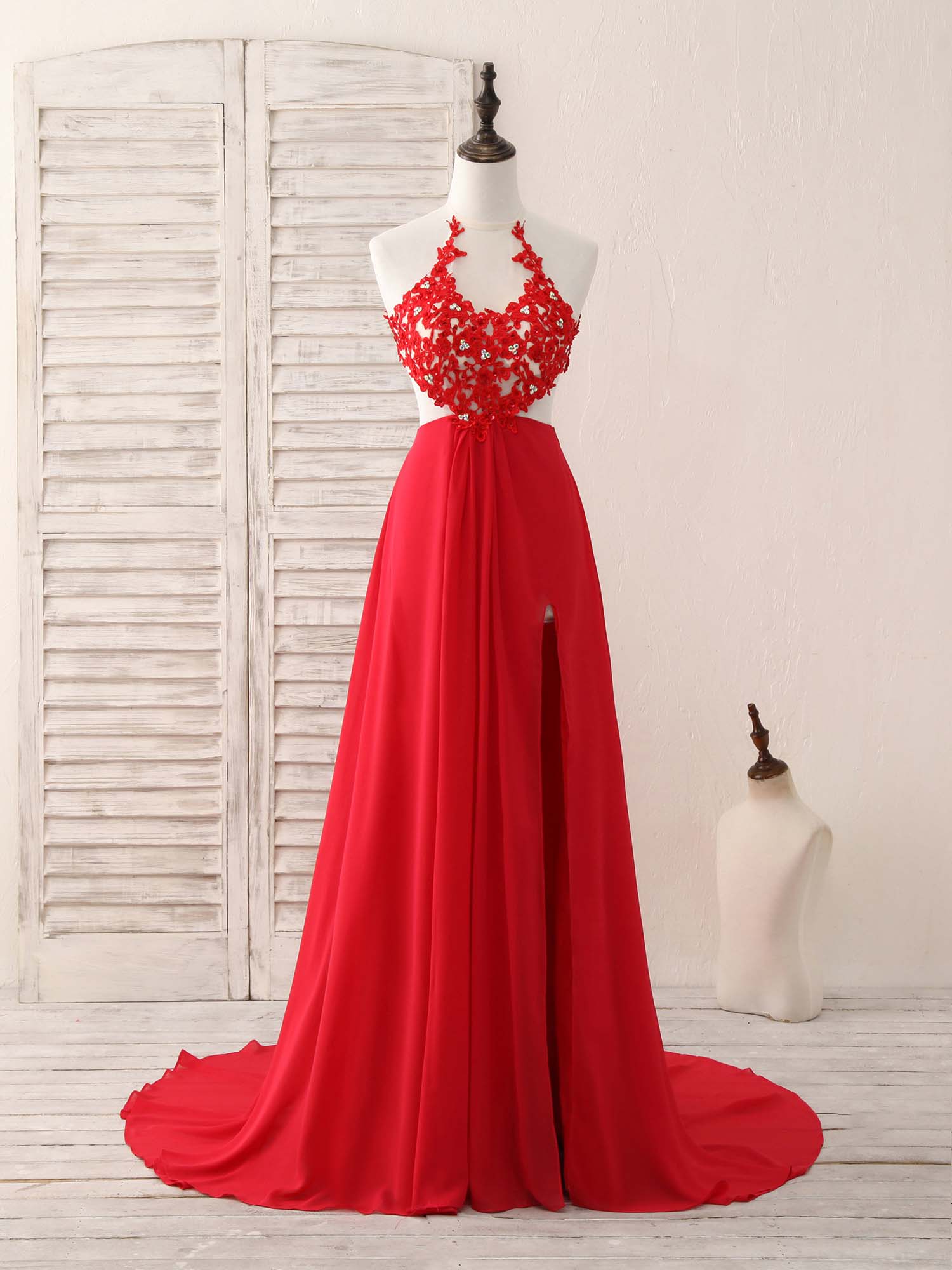 Red Hight Neck Chiffon Lace Applique Long Prom Dress, Red Formal Dress US 12 / Custom Color Red Hight Neck Chiffon Lace Applique Long Prom Dress, Red Formal Dress US 12 / Custom Color
