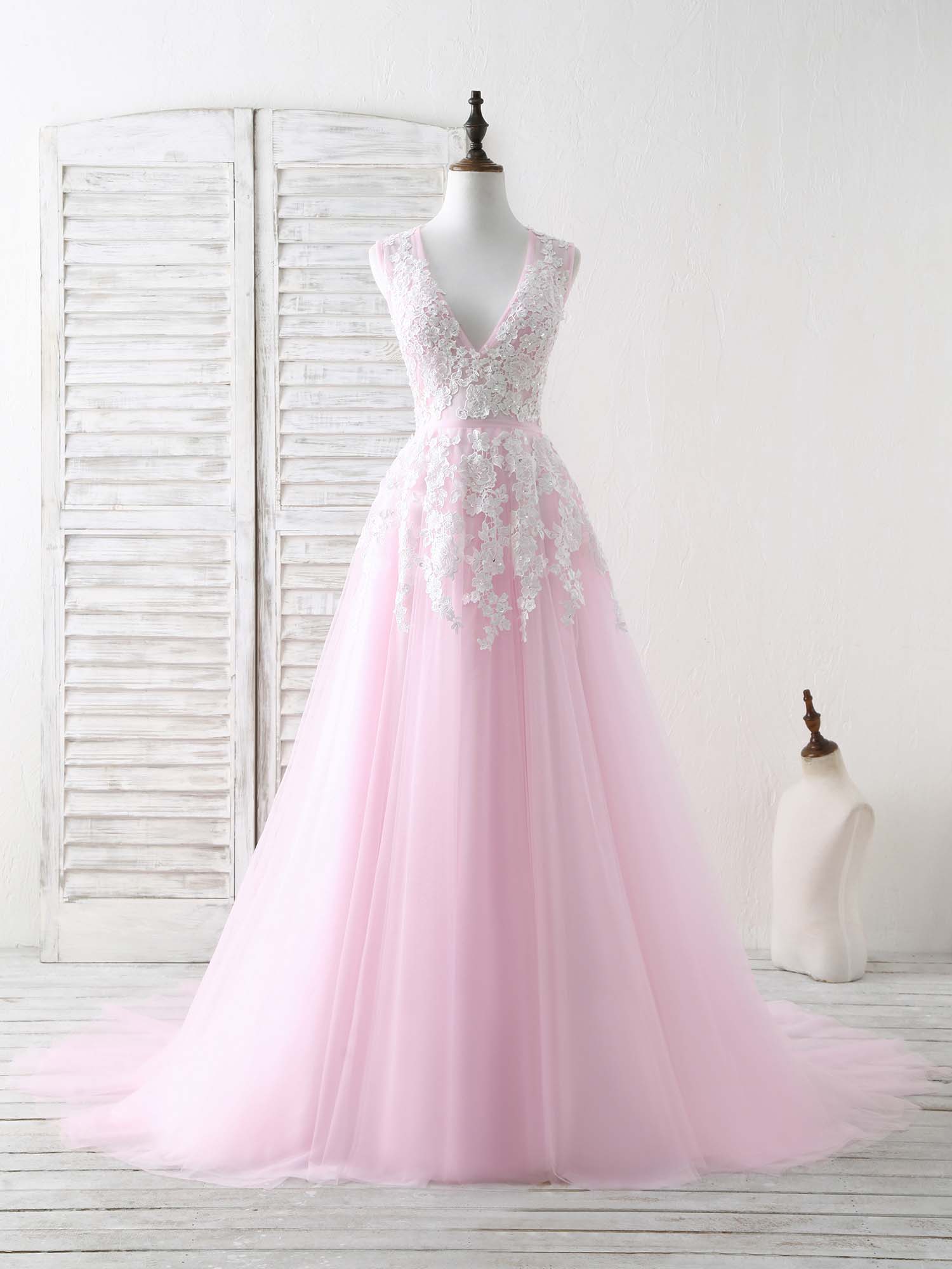 shopluu Pink Tulle 3D Flowers Long Prom Dress, Pink Long Graduation Dresses US 4 / Pink