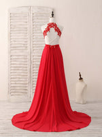 Red Hight Neck Chiffon Lace Applique Long Prom Dress, Red Formal Dress