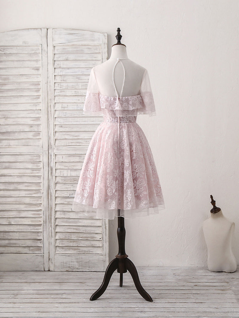 Pink Round Neck Lace Tulle Short Prom Dress, Pink Homecoming Dress