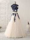 Dark Blue Two Pieces Lace Tulle Long Prom Dress Blue Evening Dress