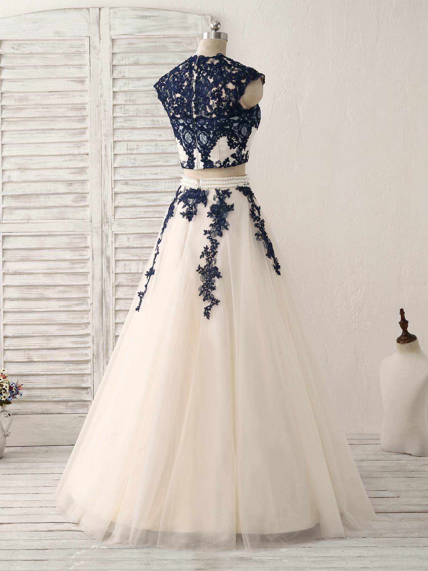 blue and white two piece prom dress Two Piece Floral Print Navy Blue Long Prom Dress FancyVestido
