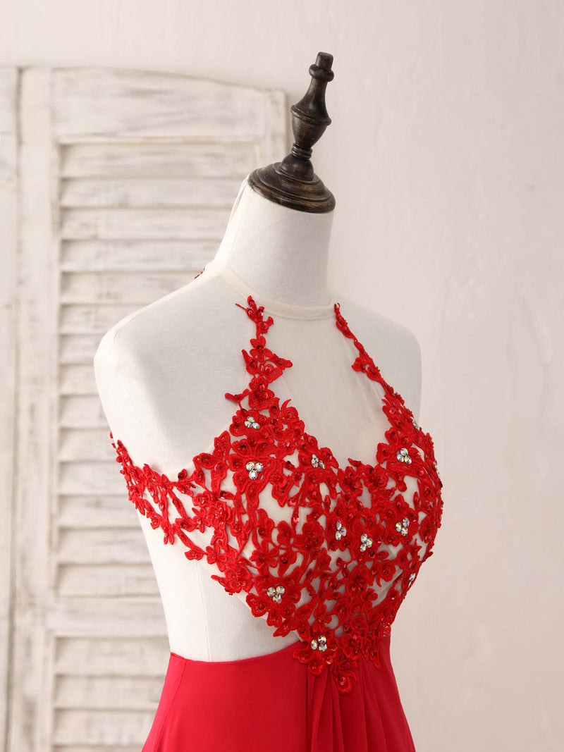Red Hight Neck Chiffon Lace Applique Long Prom Dress, Red Formal Dress US 12 / Red Red Hight Neck Chiffon Lace Applique Long Prom Dress, Red Formal Dress US 12 / Red
