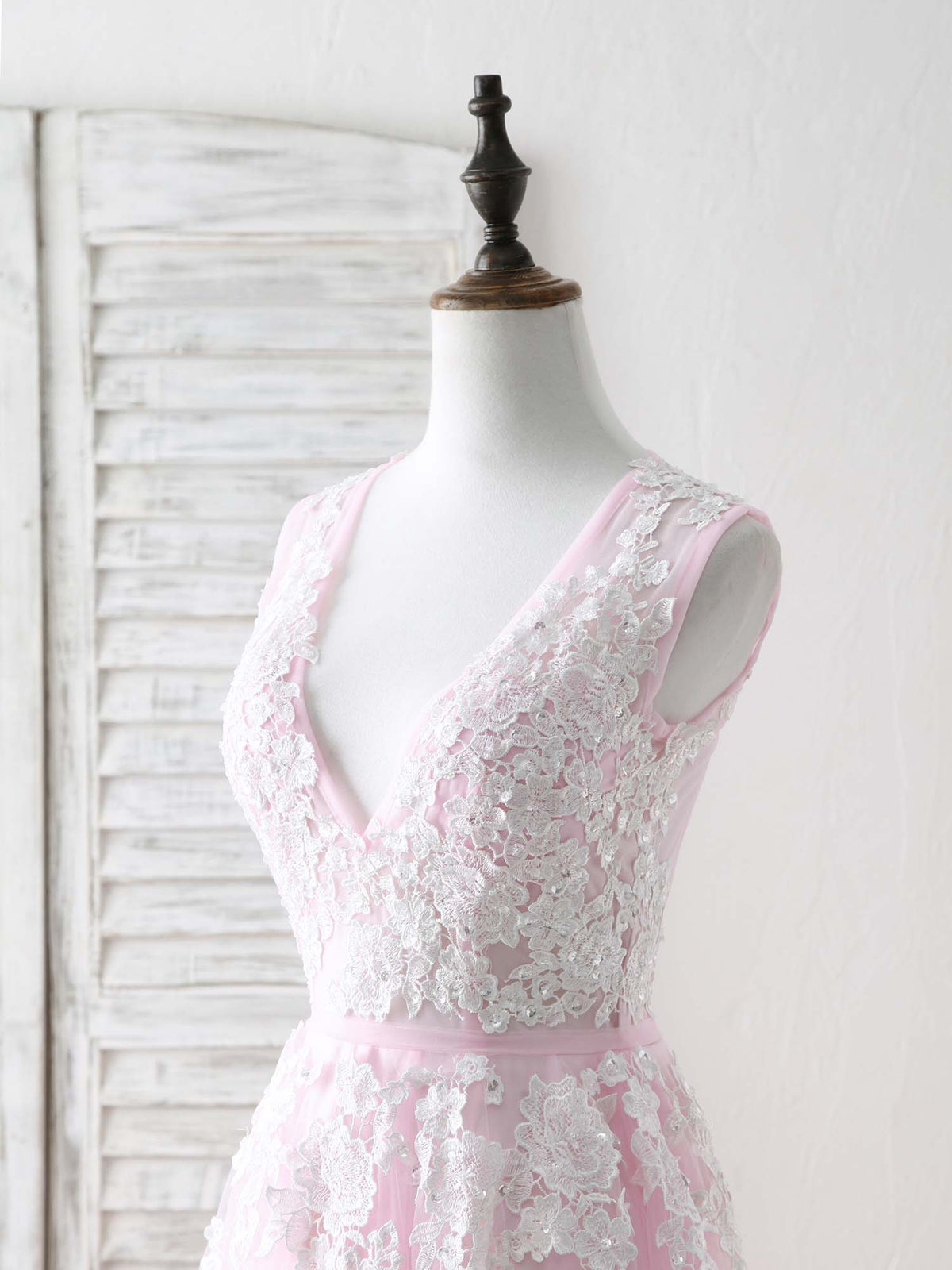 Pink V Neck Tulle Lace Applique Long Prom Dress Pink Evening Dress