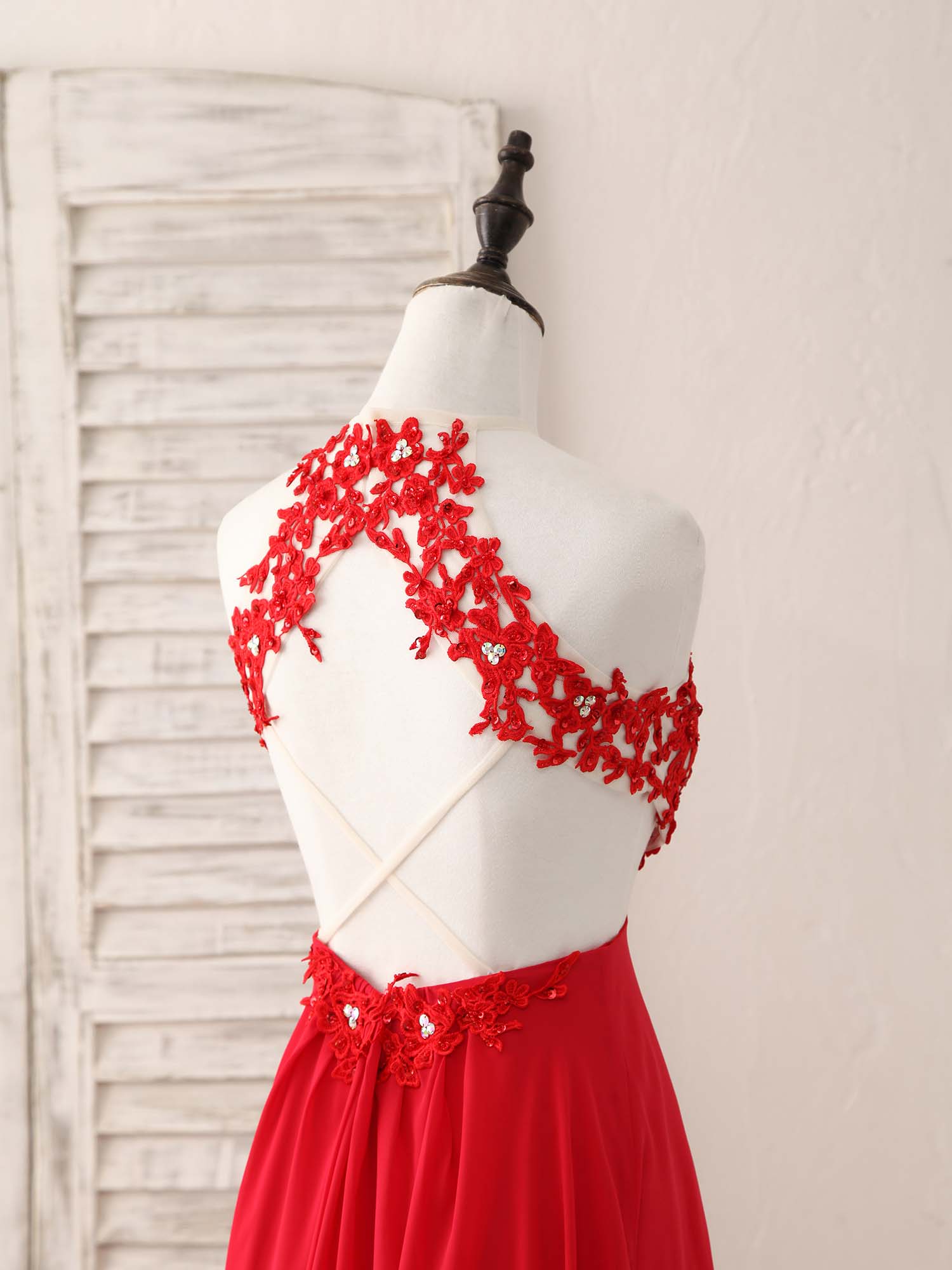 Red Hight Neck Chiffon Lace Applique Long Prom Dress, Red Formal Dress US 12 / Custom Color Red Hight Neck Chiffon Lace Applique Long Prom Dress, Red Formal Dress US 12 / Custom Color