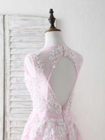 Pink V Neck Tulle Lace Applique Long Prom Dress Pink Evening Dress