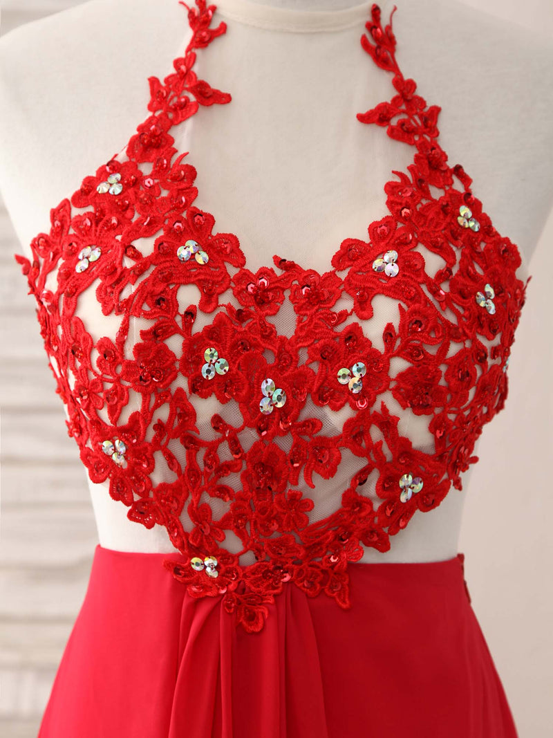 Red Hight Neck Chiffon Lace Applique Long Prom Dress, Red Formal Dress shopluu Red Hight Neck Chiffon Lace Applique Long Prom Dress, Red Formal Dress shopluu