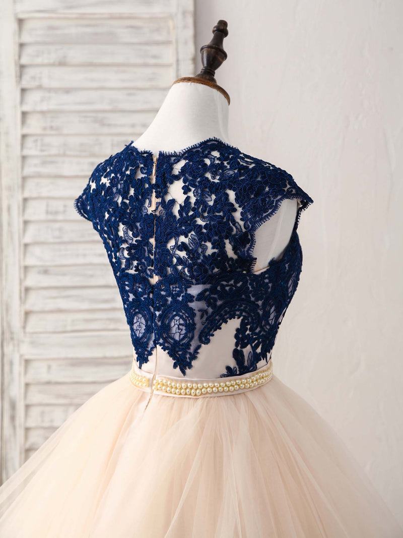 Blue/Champagne Tulle Lace Applique Long Prom Dress, Evening Dress shopluu Blue/Champagne Tulle Lace Applique Long Prom Dress, Evening Dress shopluu