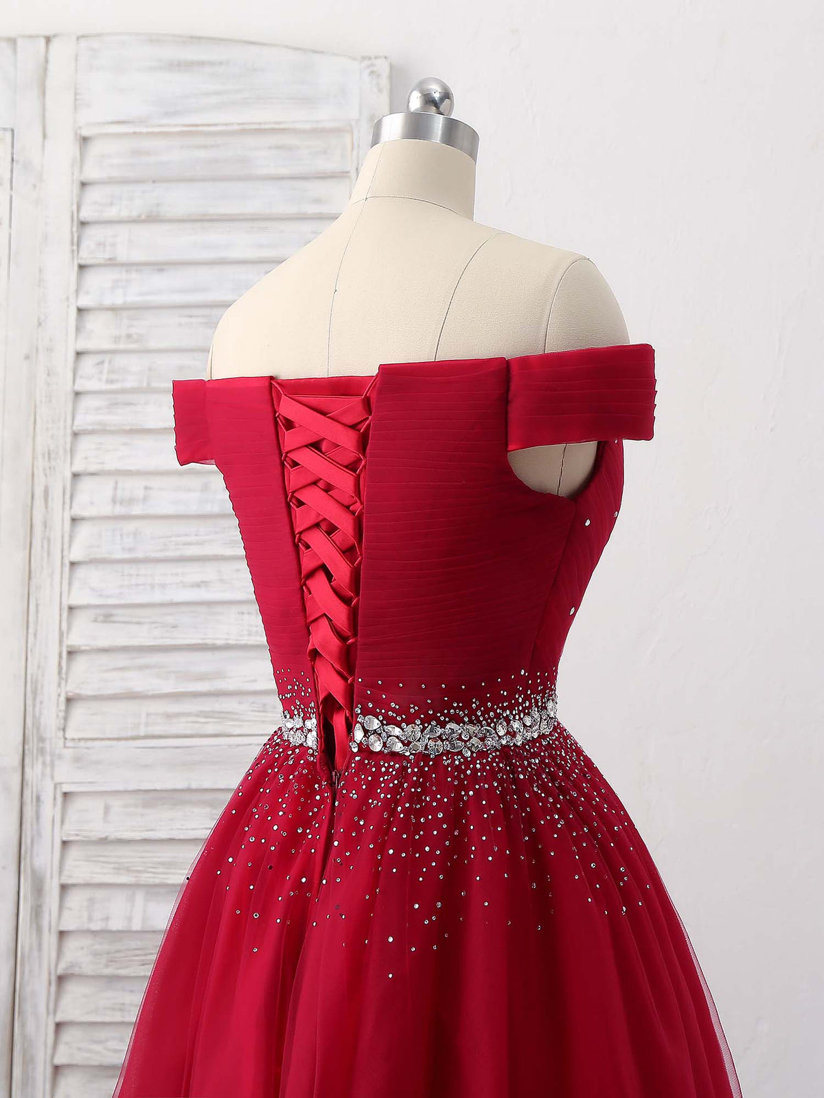 Burgundy Tulle Sweetheart Neck Long Prom Dress, Burgundy Evening Dress