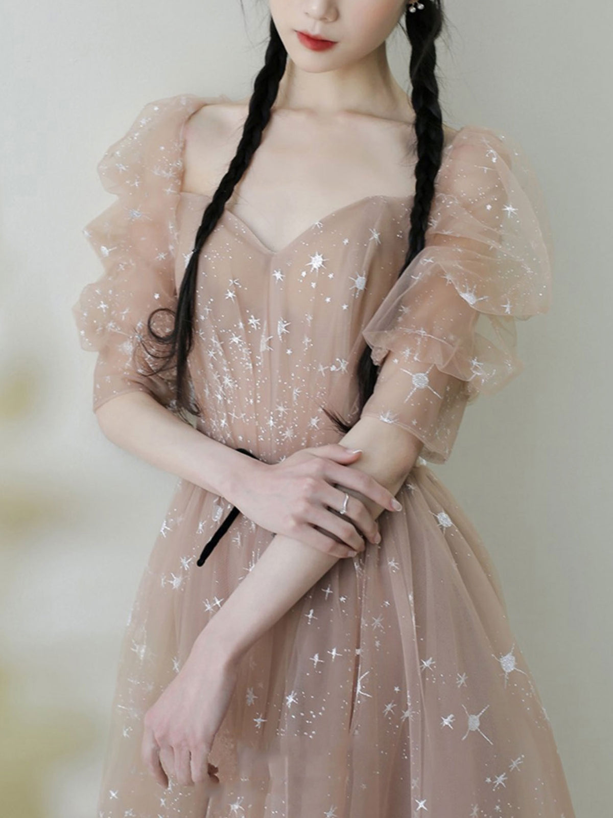 Champagne A line Tulle Long Prom Dress, Champagne Formal Evening Graduation Dresses